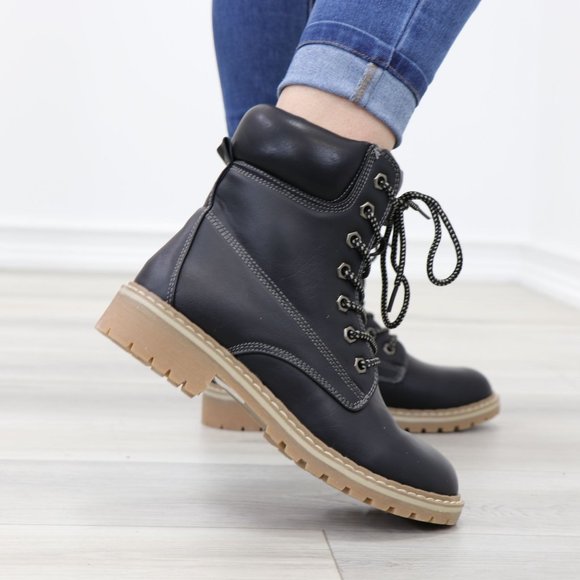 Woman's Faux Leather Lug-Sole Combat Ankle Boots - Picture 7 of 12